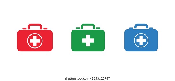 Three vibrant first aid kit icons—red, green, and blue—are displayed on a white background, each bearing a distinct plus sign at its center.
