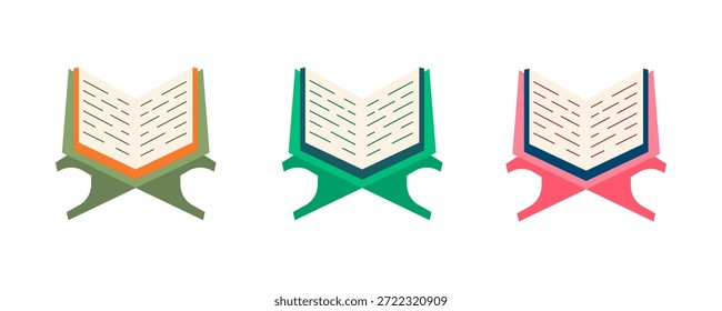 Three vibrant flat design vector illustrations of open religious books (likely Quran) on traditional wooden rehals. Ideal for Islamic holidays, education, or cultural design.