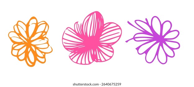 Three vibrant flower sketches in vector style on white background. Each flower showcases unique outlines in orange, pink, and purple, creating an artistic graphic appeal.