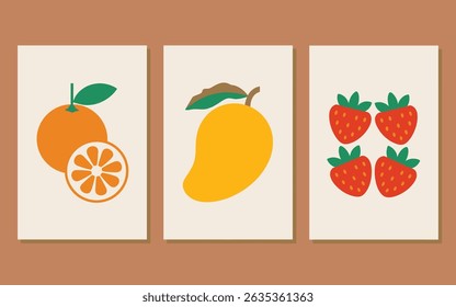Three vibrant fruit prints orange, mango, and strawberries. A cheerful, minimalist art style, perfect for bringing a touch of summer to any space.