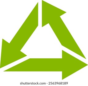 Three vibrant green arrows rotating clockwise, forming a triangular recycling symbol, representing the continuous process of resource reuse, waste reduction, and environmental protection