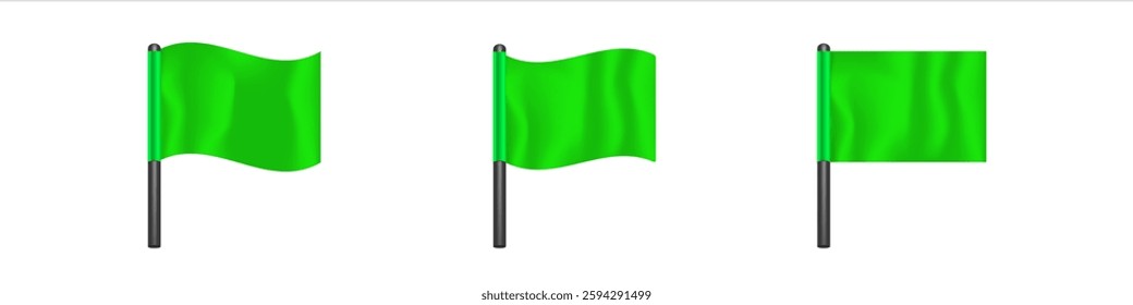 Three vibrant green flags waving on poles, each with a unique shape and size, creating a lively display.