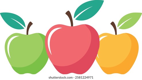 Three vibrant apples—red, green, and yellow—illustrated in a modern vector style