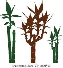 Three vibrant, healthy bamboo plants of varying sizes, isolated against a clean white background. Perfect for adding a touch of nature to your designs.