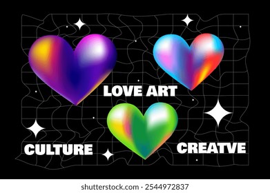 Three vibrant heart shapes on a grid background with text that emphasizes love. Vector illustration