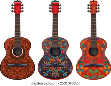 Three vibrant, intricately designed acoustic guitars