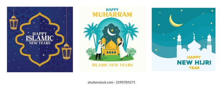 Three vibrant Islamic New Year themed vector illustrations. Expressing cultural and spiritual beauty, including mosques, lanterns, and crescent moons. Islamic New Year concept. 