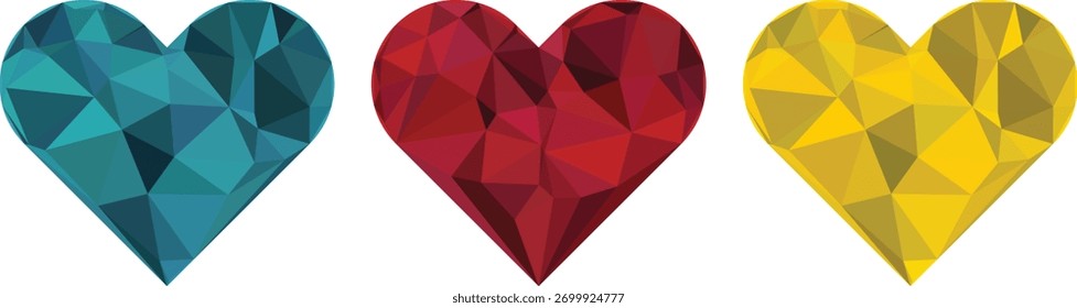 Tres corazones vibrantes, de baja poli, representados con un estilo facetado y geométrico, en verde azulado, rojo y amarillo, dispuestos sobre un fondo blanco limpio. Este diseño abstracto simboliza el amor y la emoción.