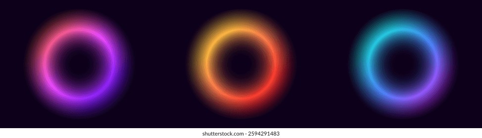 Three vibrant neon rings in purple, orange, and blue glow against a dark backdrop.