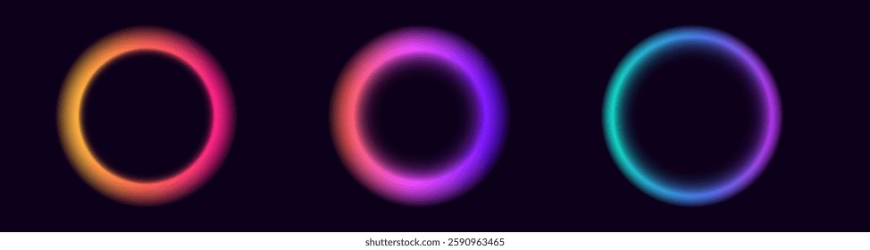 Three vibrant neon rings in red, purple, and blue hues, creating an abstract luminous effect.