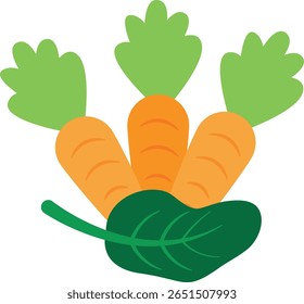 Three vibrant orange carrots with leafy green tops arranged in a fan shape, accompanied by a single leaf in front; represents vegetables, freshness, and healthy eating.