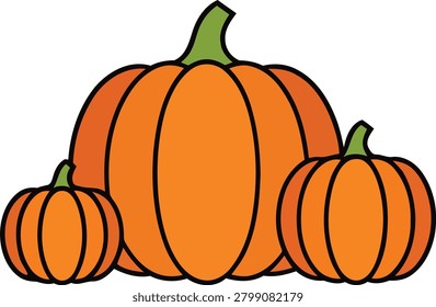 Three vibrant orange pumpkins arranged in a cluster for seasonal autumn harvest celebrations and festive thanksgiving holiday decoration projects