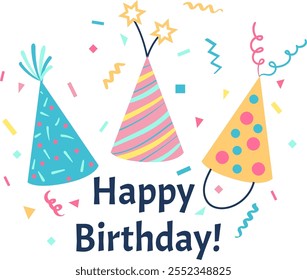 Three vibrant party hats are surrounded by confetti and sparklers, creating a festive atmosphere for a happy birthday celebration