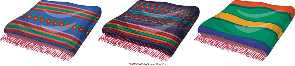 Three vibrant, patterned blankets with fringes