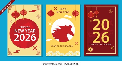 Tres vibrantes carteles que celebran el Nuevo año chino 2026, el Año del Dragón, con diseños tradicionales y Elementos festivos.