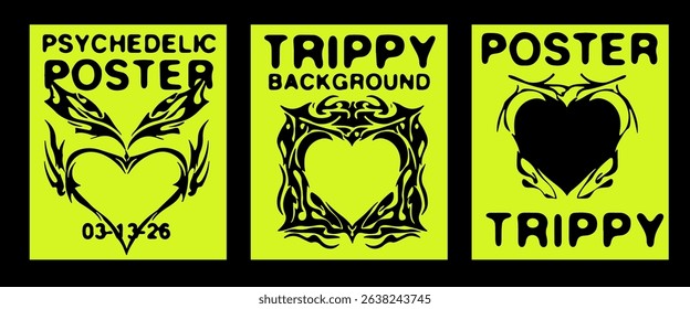 Three vibrant posters featuring psychedelic tribal tattoo frames and heart motifs on neon green backgrounds. The bold Y2K tribal style is a top trend in digital and music event art.
