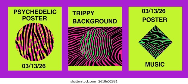 Three vibrant psychedelic poster designs with green, pink, yellow, and black wavy patterns, abstract text, and bold geometric shapes, set against a purple background.