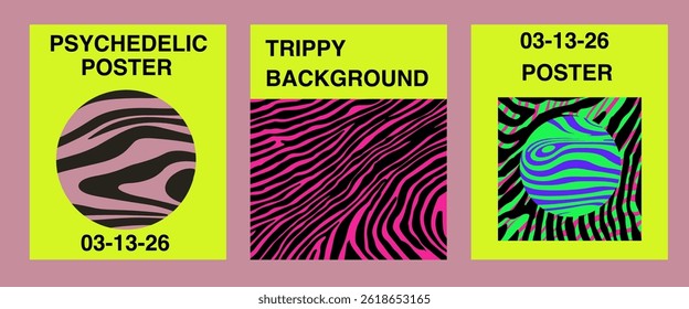 Three vibrant psychedelic poster designs with green, pink, yellow, and black wavy patterns, abstract text, and bold geometric shapes, set against a pink background.