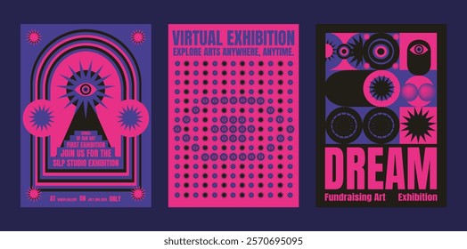 Three vibrant psychedelic posters for an art exhibition. Bold colors, abstract designs, and eye motifs. Eye-catching and modern. Psychedelic retro poster template vectors.