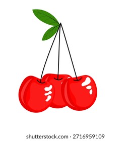 Tres vibrantes cerezas rojas con exuberantes hojas verdes, perfectas para recetas de verano, campañas de alimentación saludable y promociones de frutas frescas originalmente un Vector escalable