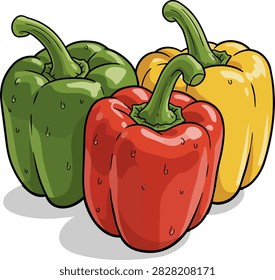 Three vibrant red green and yellow bell peppers with fresh water droplets isolated on a clean white background Healthy and colorful vegetables captured in a bright studio shot
