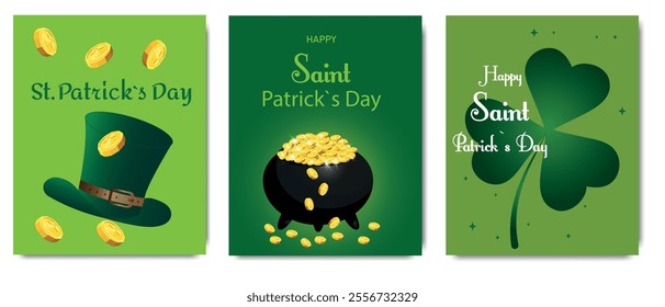 Three vibrant St. Patrick's Day cards featuring a green hat, golden coins, a pot of gold, and shamrocks.	