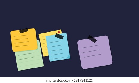 Three vibrant sticky notes in yellow, green, and purple stacked together with a yellow pin on top, isolated on a white background. Perfect for office or creative project designs.