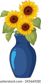 Three vibrant sunflowers arranged in a blue vase.