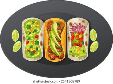Three vibrant tacos with fresh ingredients