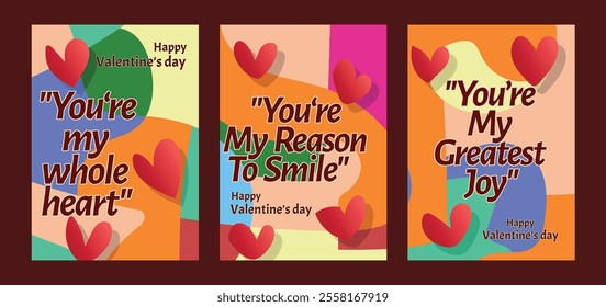 Three Vibrant Valentine Templates with Bold Heart Highlights. A set of Valentine’s Day greeting card with sample text, red hearts and abstract backgrounds templates vector illustration. 