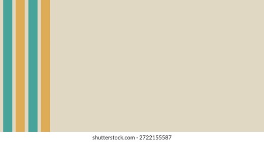 Three vibrant vertical stripes in teal, yellow, and orange on the left side of a light beige background, creating a simple yet stylish retro design.