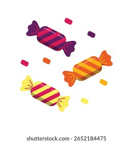 Three vibrant wrapped candies in yellow, orange, and purple with diagonal stripes, surrounded by sprinkle-like confetti on a white background. Ideal for holiday posters, Halloween designs