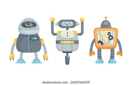 Three Vibrantly Colorful Cartoon Robots Designed in a Playful and Engaging Style