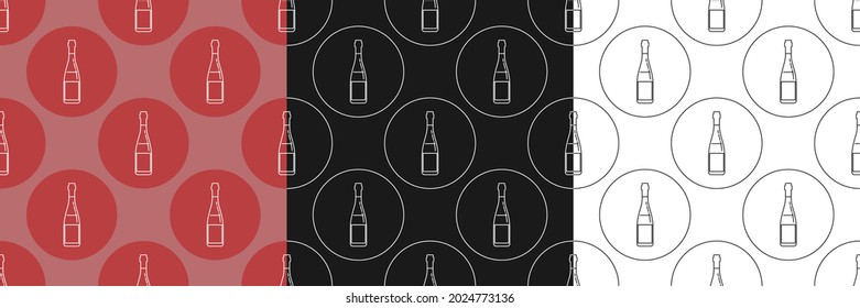 Three view seamless pattern of bottle of red wine in flat style in form of thin lines. In the form of background is circle of color drinks. Wallpaper pattern beverages. Template for restaurant party.

