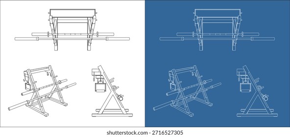 Esquema técnico de três visualizações do rack Barbell incluindo layout isométrico e lateral do plano