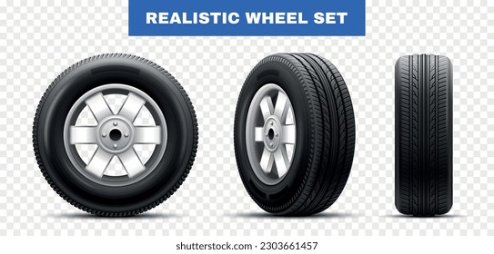 Three views of car wheel tire from different angles at transparent background realistic vector illustration