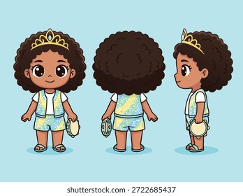 Three views of a cute black girl character wearing a crown and shorts, front, back, and side.