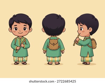 Three views of a cute cartoon boy wearing a green traditional outfit and playing a flute, with a backpack on his back.