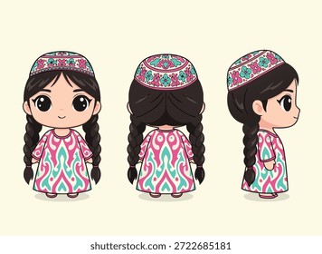 Tres vistas de una linda niña chibi con atuendo tradicional uzbeko, frente, espalda y costado.