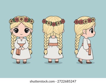 Tres vistas de una linda niña chibi con trenzas rubias y una corona de flores, con un vestido blanco tradicional.
