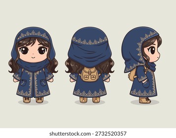 Three views of a cute chibi girl wearing a blue hijab and traditional embroidered coat, with a backpack. Front, back, and side views.