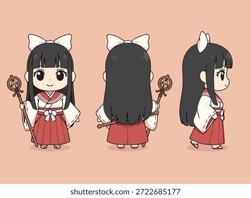 Tres vistas de un lindo personaje de chibi miko, al frente, atrás y al lado, sosteniendo un bastón.