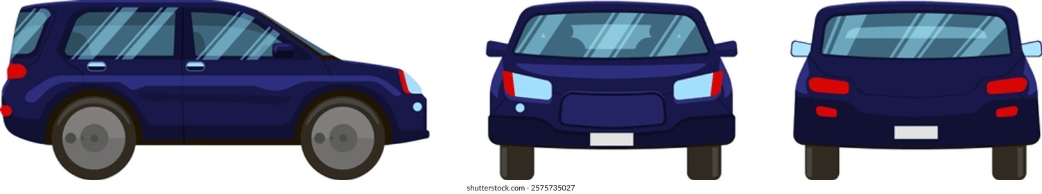 Three views of a dark blue SUV car showcasing its front, side, and rear, perfect for automotive design, advertising, or any project needing a versatile car illustration