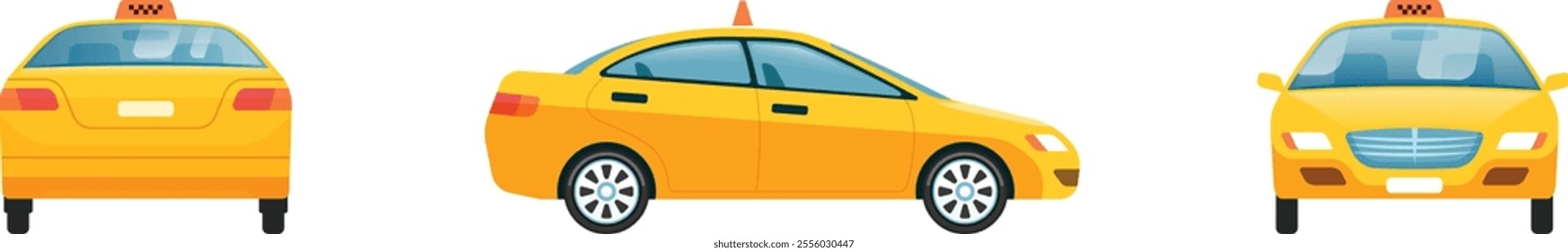 Three views of a generic yellow taxi cab, showing front, side, and rear, isolated on white background, useful for transportation and travel concepts