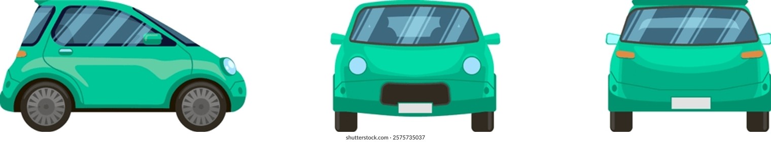 Three views of a green compact car, showcasing its front, side, and rear perspectives, provide a comprehensive visual representation of the vehicle s design and features