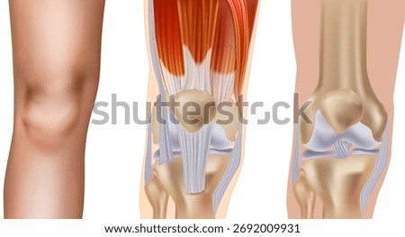 Three Views of Human Knee Joint Anatomy with Muscles and Ligaments. Medical Diagram of Human Knee Bones, Tendons, and Ligaments