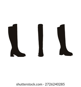 Three views of a pair of black knee high boots