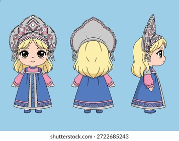 Tres vistas de un personaje de chibi estilizado y adorable vestido con una blusa azul sarafan y rosa, con un tocado kokoshnik adornado.