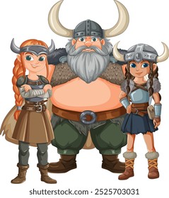 Tres personajes vikingos con atuendo tradicional