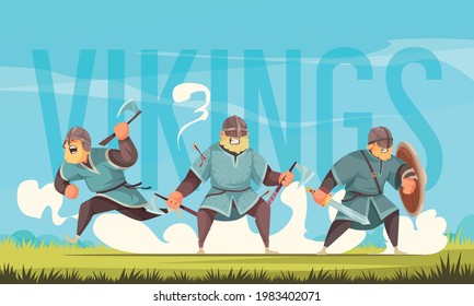 Three Vikings Armed With Wooden Shield Battle Axes And Sword Cartoon Title Header Lettering Background Vector Illustration